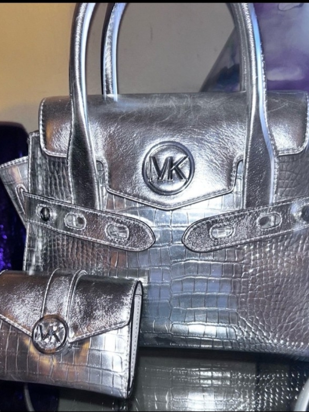 Set- Michael Kors Silver Croc-Embossed Leather Tote with Matching Wallet.